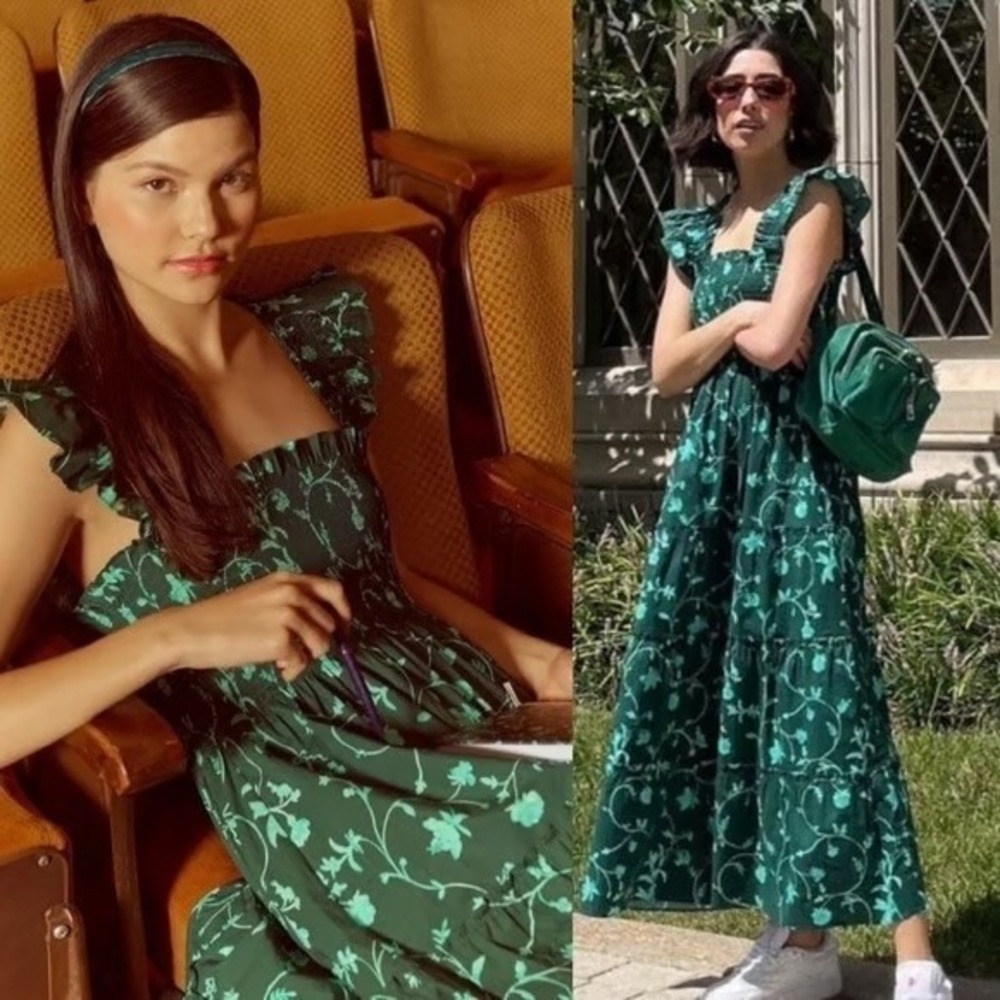 Hill House Home The Ellie‎ Nap Dress Green Floral Smocked Tiered Midi XS - Picture 2 of 5